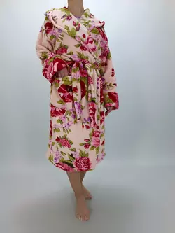Женский махровый халат на запах  р.48 Кремовый с цветами (79952377-1)