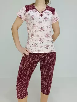 Пижама женская Бордовая Мелкий Рисунок  (Футболка+Бриджи) 50 (93104322-1)